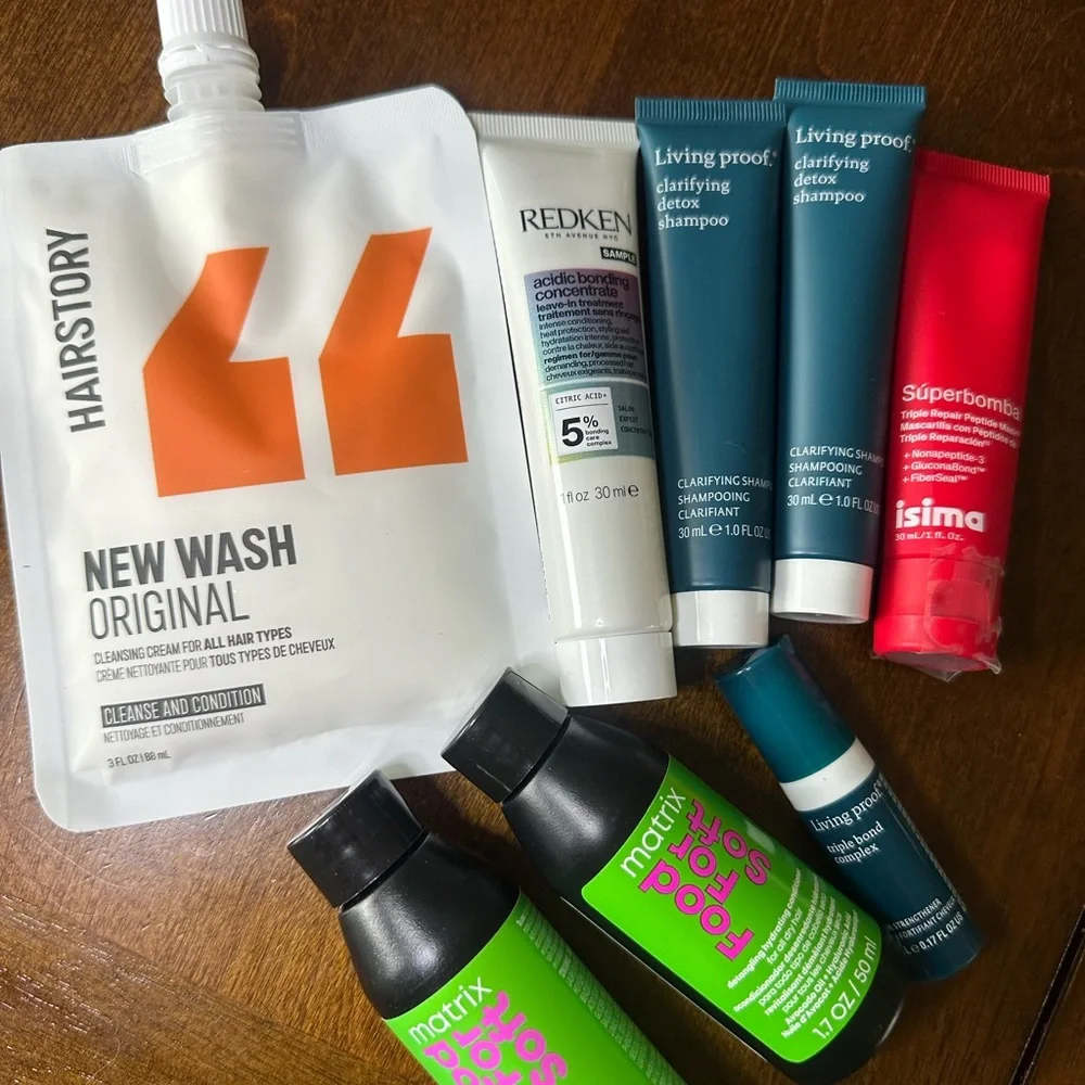 Living Proof clarifying detox shampoo teal and multiple hair care samples